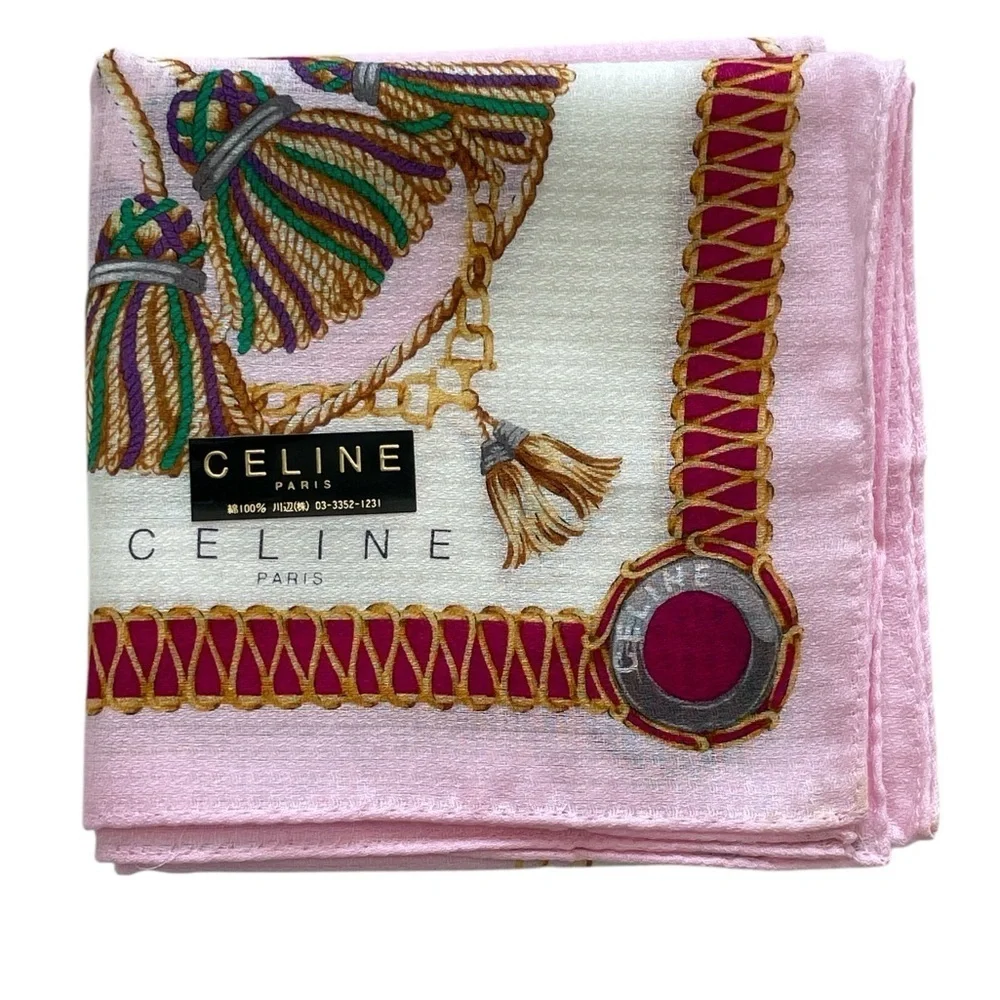 Authentic Celine Vintage Pink and Gold Patterned Silk Handkerchief